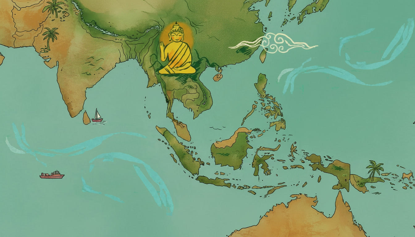 Illustrated map of Southeast Asia showing the journey through Thailand, Laos, Philippines, and Indonesia
